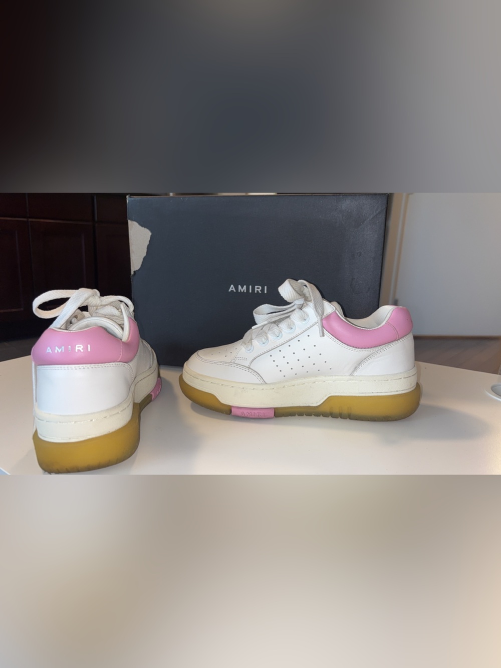 AMIRI White Leather Low-Top Sneakers with Pink Heel and Amber Gum Sole